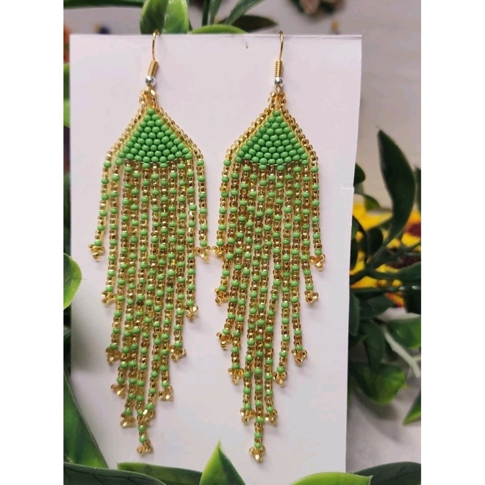 Handmade Native American Style Beaded Fringe Earrings - Green/ Gold Color